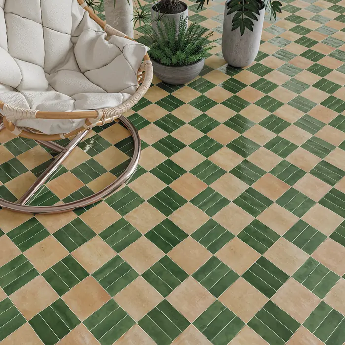 Green and sand bejmat set as a diagonal chequerboard beneath a hanging chair