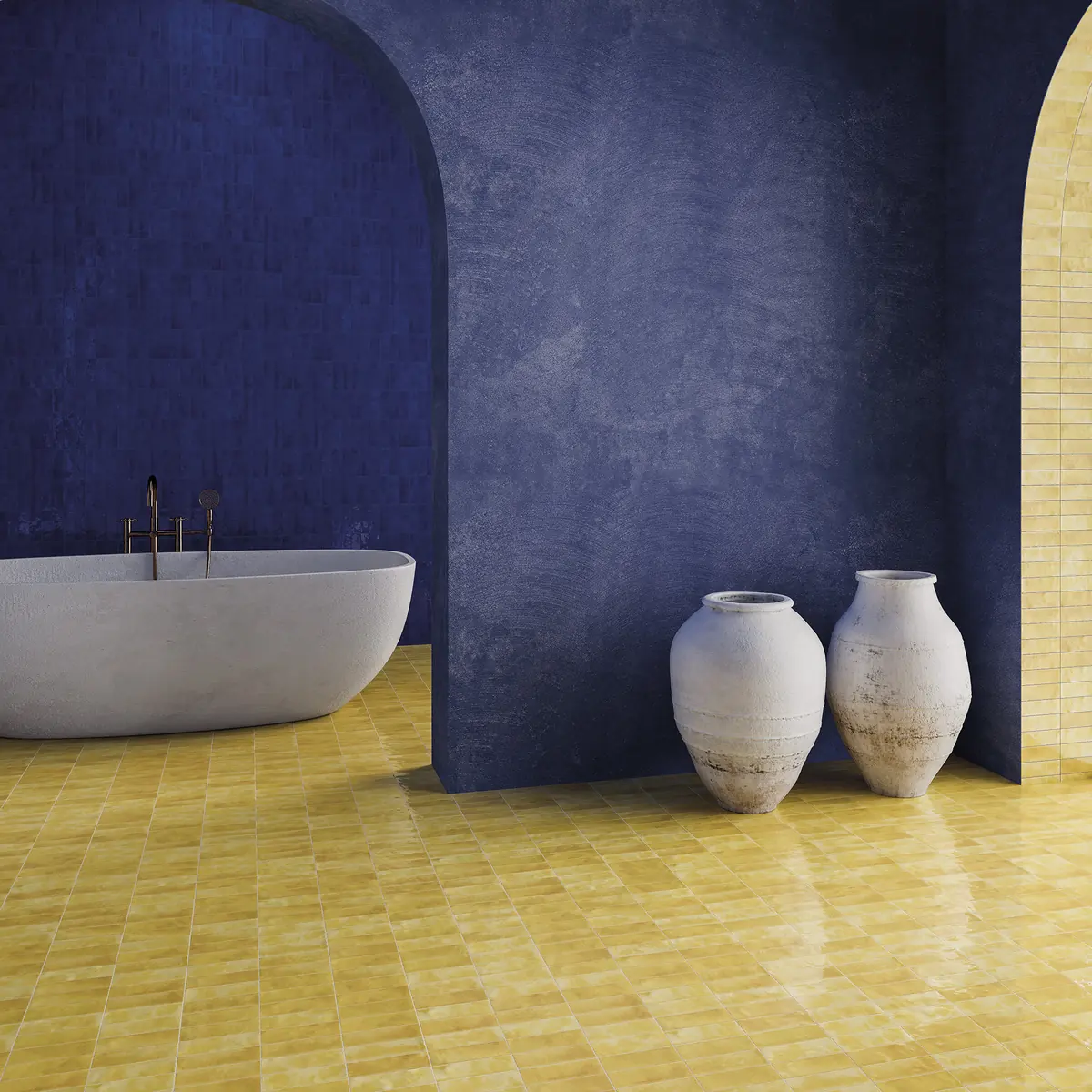 A deep navy bejmat wall above an ochre yellow bejmat floor in a plastered interior