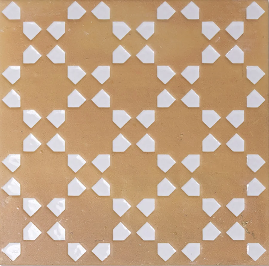 Bejmat terracotta tile with a repeating geometric motif inlaid in white