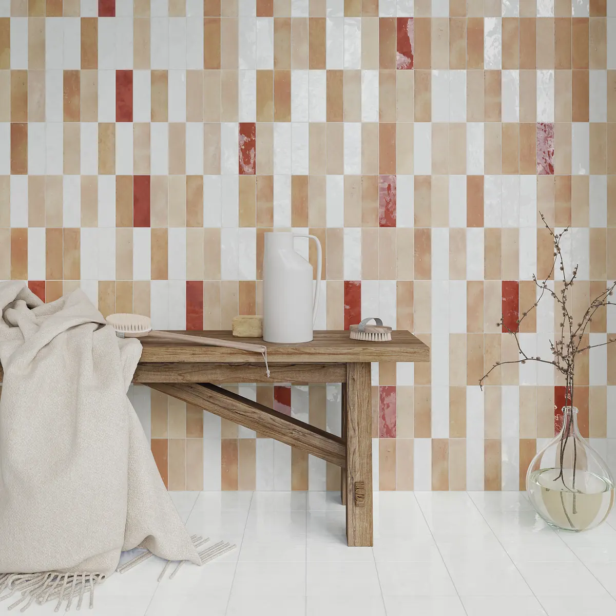 A terracotta bejmat wall running behind a simple built-in bench in a plain plastered room