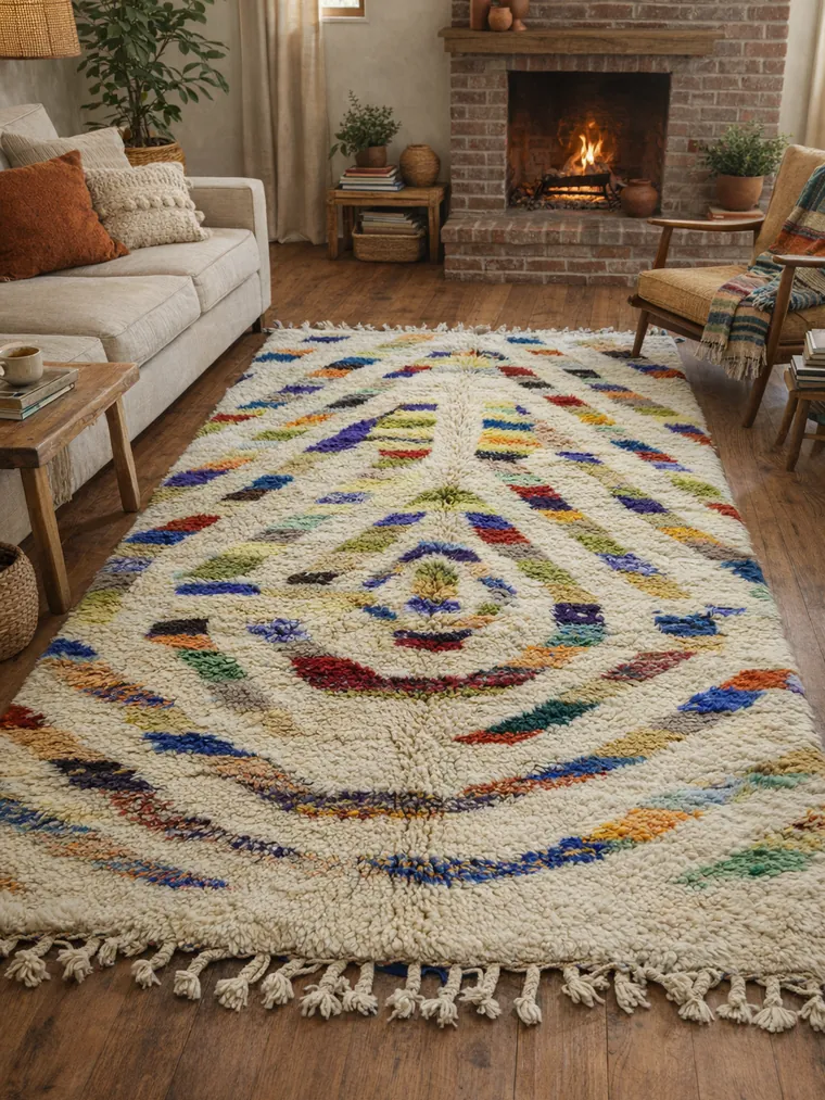 A handwoven wool rug with a radiating rainbow diamond pattern in a living room with a brick fireplace