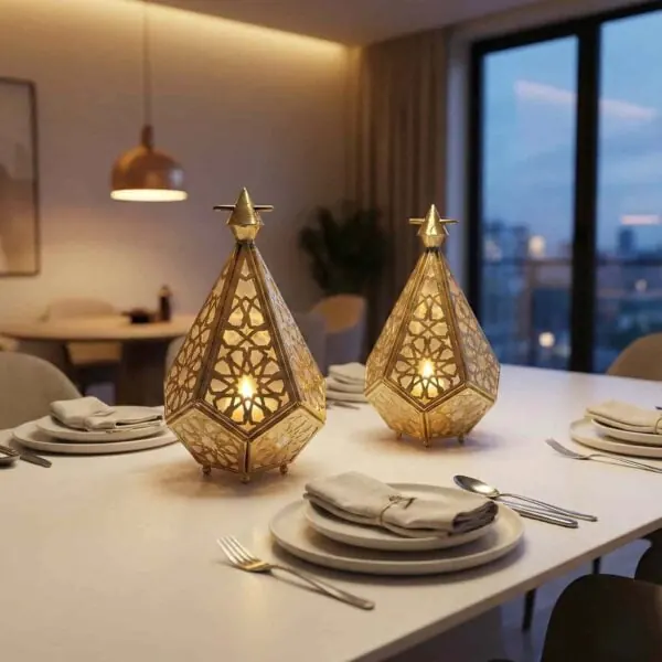 Geometric candle lantern, lit