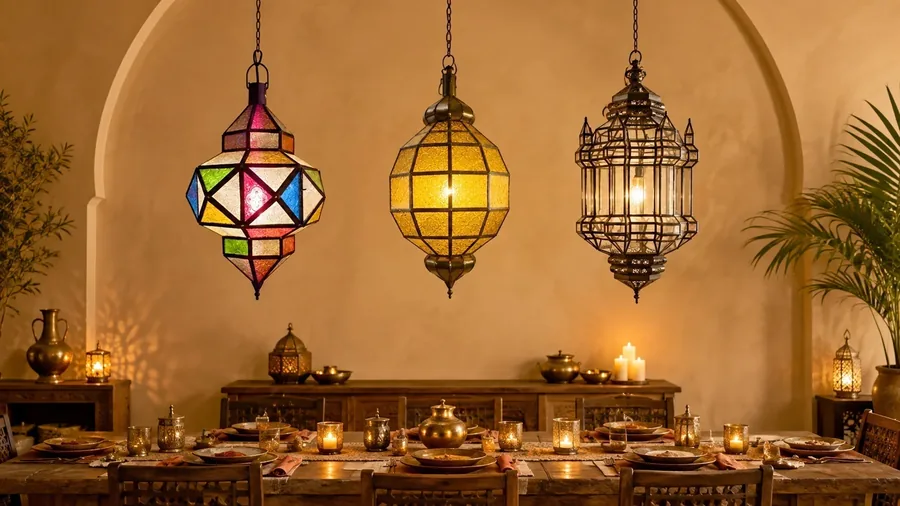 Three hand-pierced brass pendants hanging in a row above a dining table