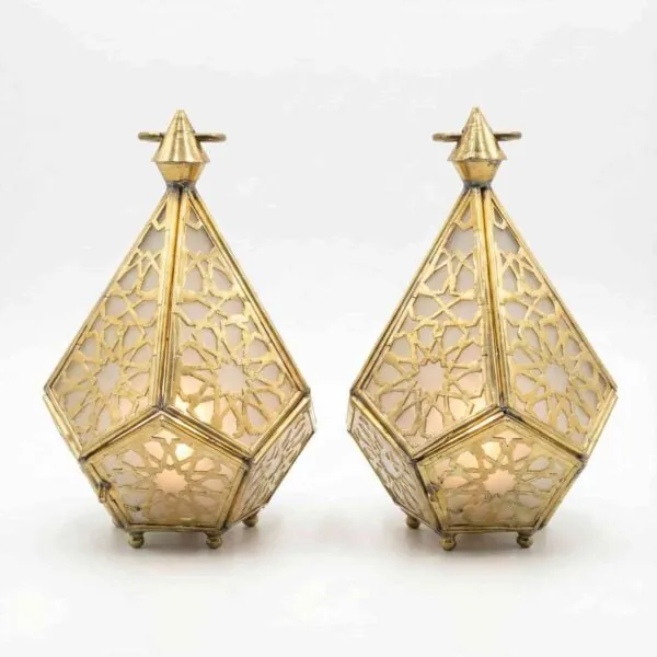 Geometric Candle Lantern - Hexagonal brass lantern, pierced geometric panels.