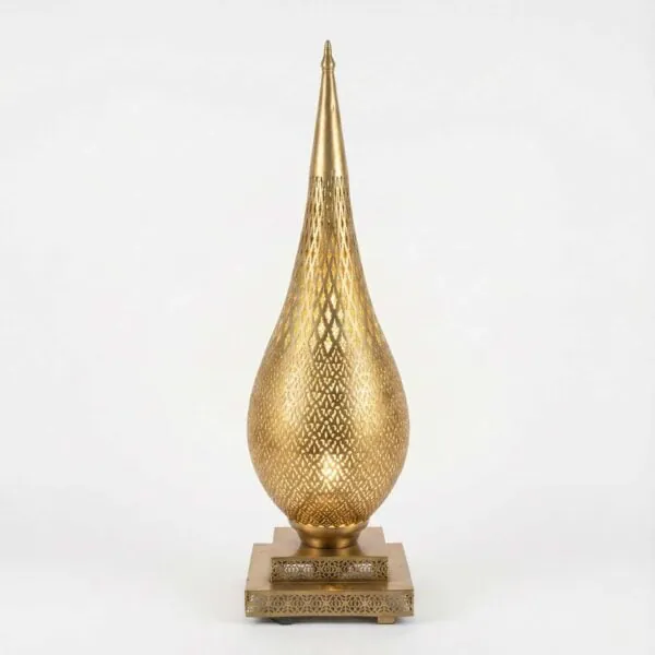 Pierced Brass Floor Lamp - Elongated teardrop on a squared brass plinth.