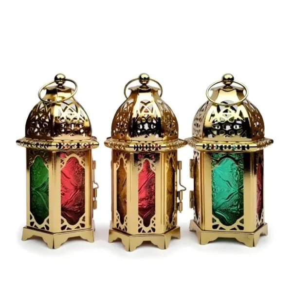 Lantern Set, Coloured Glass - Engraved brass lanterns with red and green glass panels.