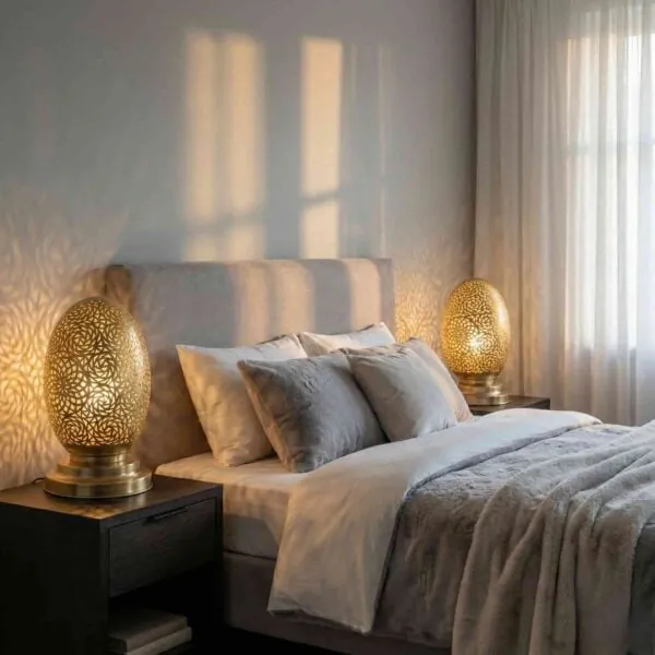 Oval Table Lamp - Pierced brass oval, the pair seen on the bedside shot above.