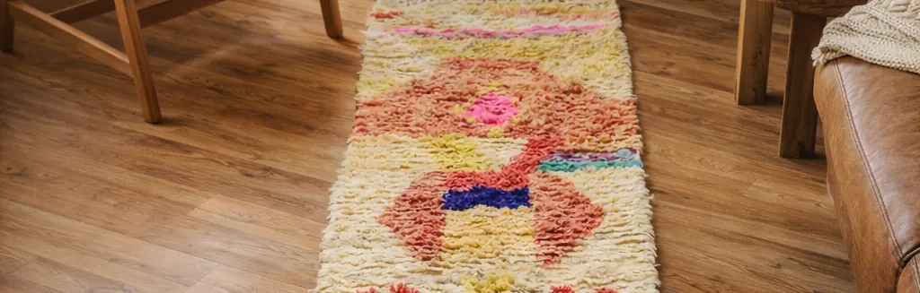 A handwoven wool runner with pink, purple and yellow tribal motifs, laid in a living room with a lit fireplace