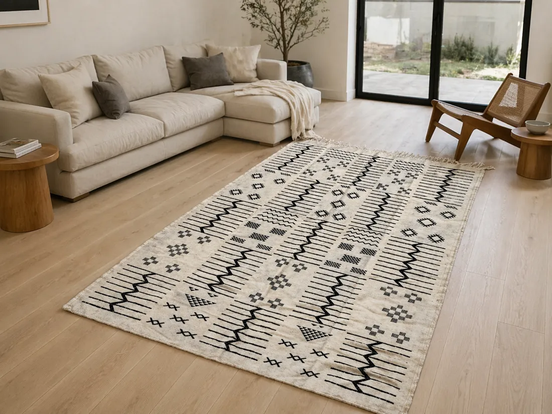An ivory Beni Ourain runner with hand-tied Amazigh symbols laid alongside a bed