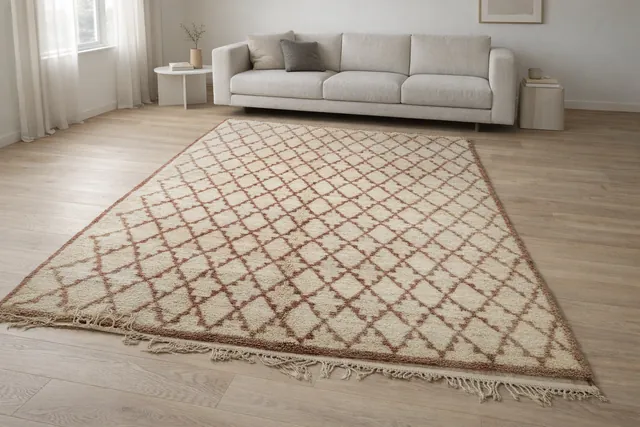 A rust diamond lattice Beni Ourain rug laid square to a bright window in a quiet living room