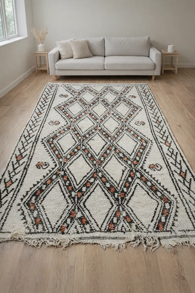 A dense ivory and black diamond trellis Beni Ourain rug in a simple living room with a potted olive tree