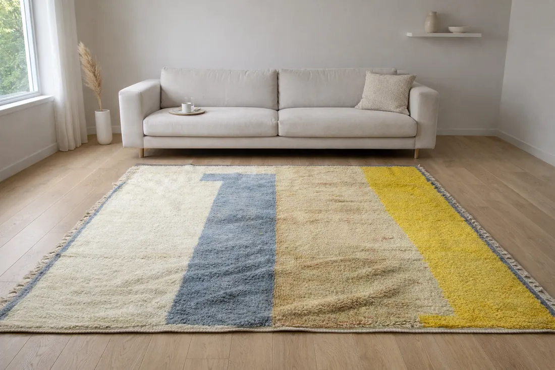 A blue and yellow colour-block kilim on a pale timber floor in a sunlit room