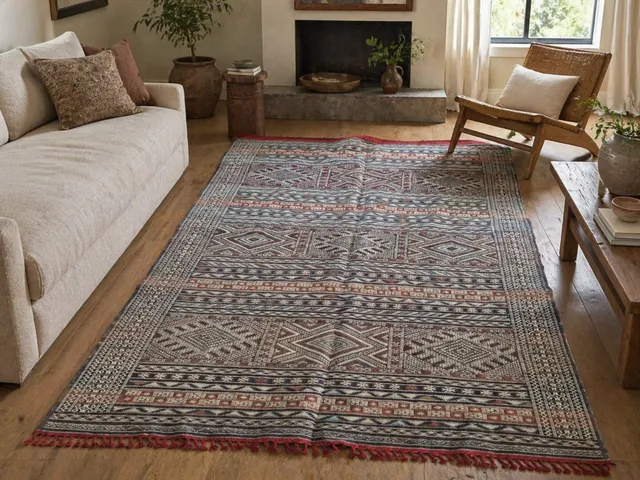 A multicolour flatweave kilim rug laid in a living room beside a fireplace and a wood-framed chair