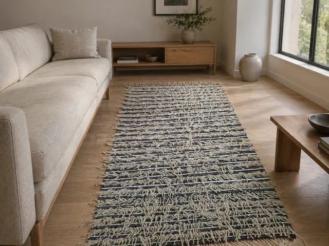 A chunky navy and cream flatweave kilim layered under a low grey sofa