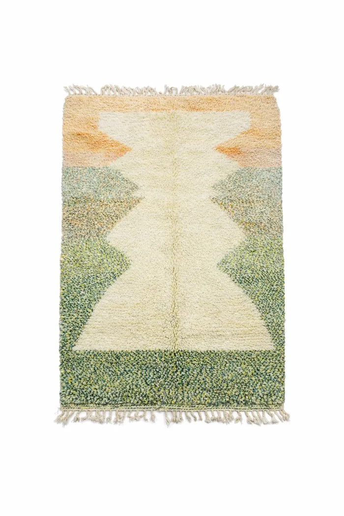 Custom-Dyed Abstract, Chevron - A stepped chevron gradient in green, ochre and cream.