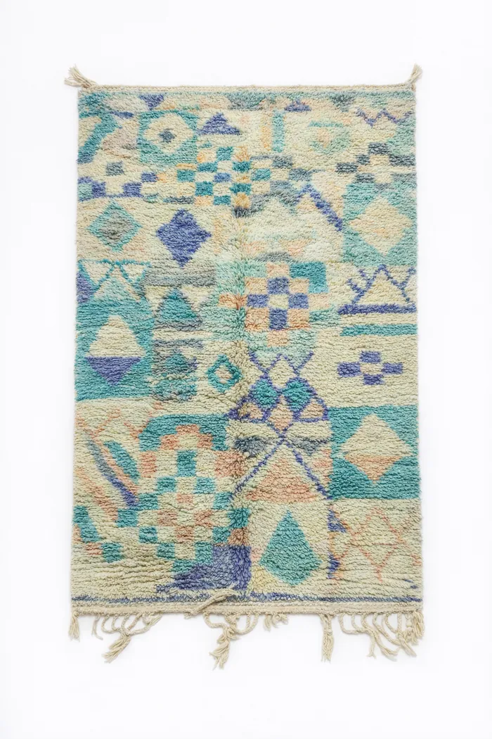 Custom-Dyed Geometric, Patchwork - A geometric patchwork in turquoise, pink and blue.