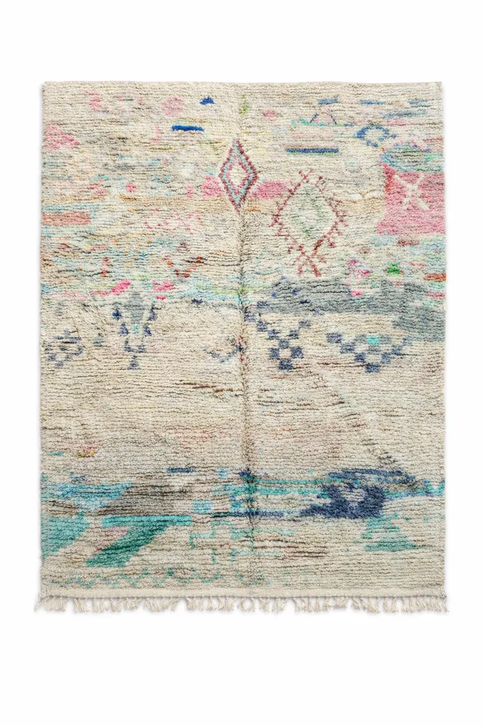 Custom-Dyed Abstract, Pink & Teal - Loose abstract figures in pink and teal on cream.