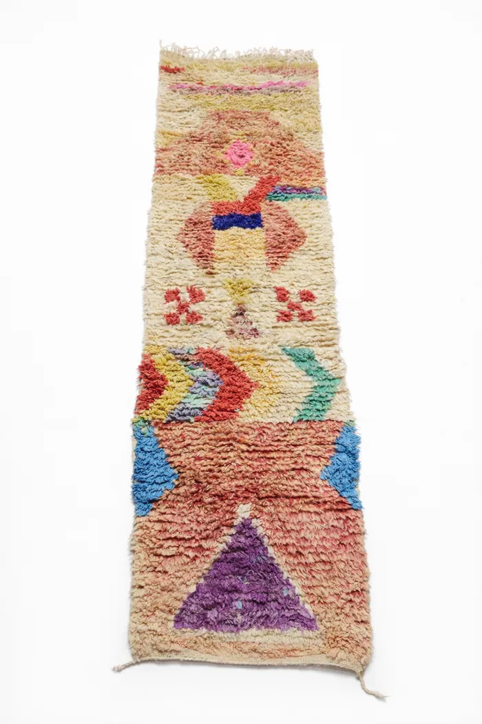 Custom-Dyed Tribal Runner - Colourful tribal figures on a peach ground.