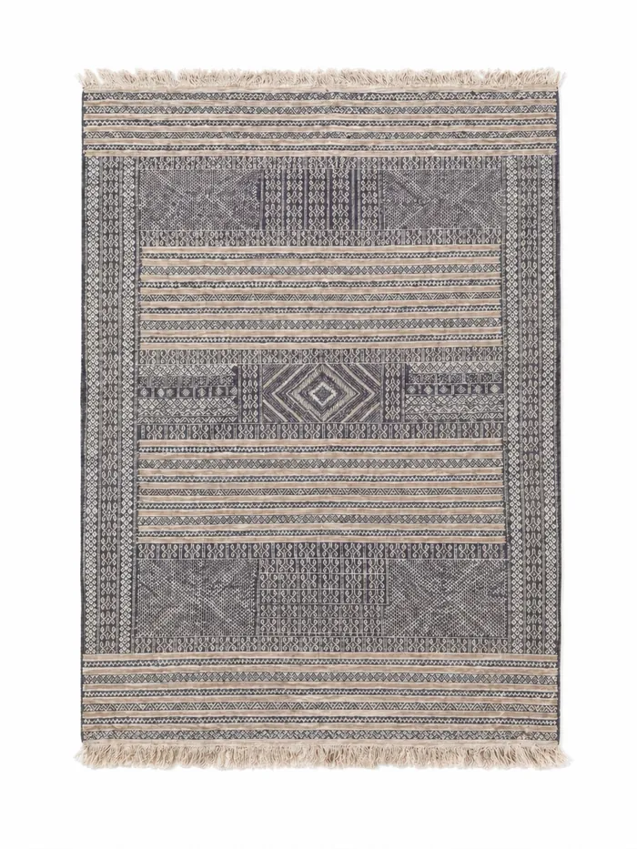 Banded Kilim, Blue & Cream - Striped bands framing a central medallion.