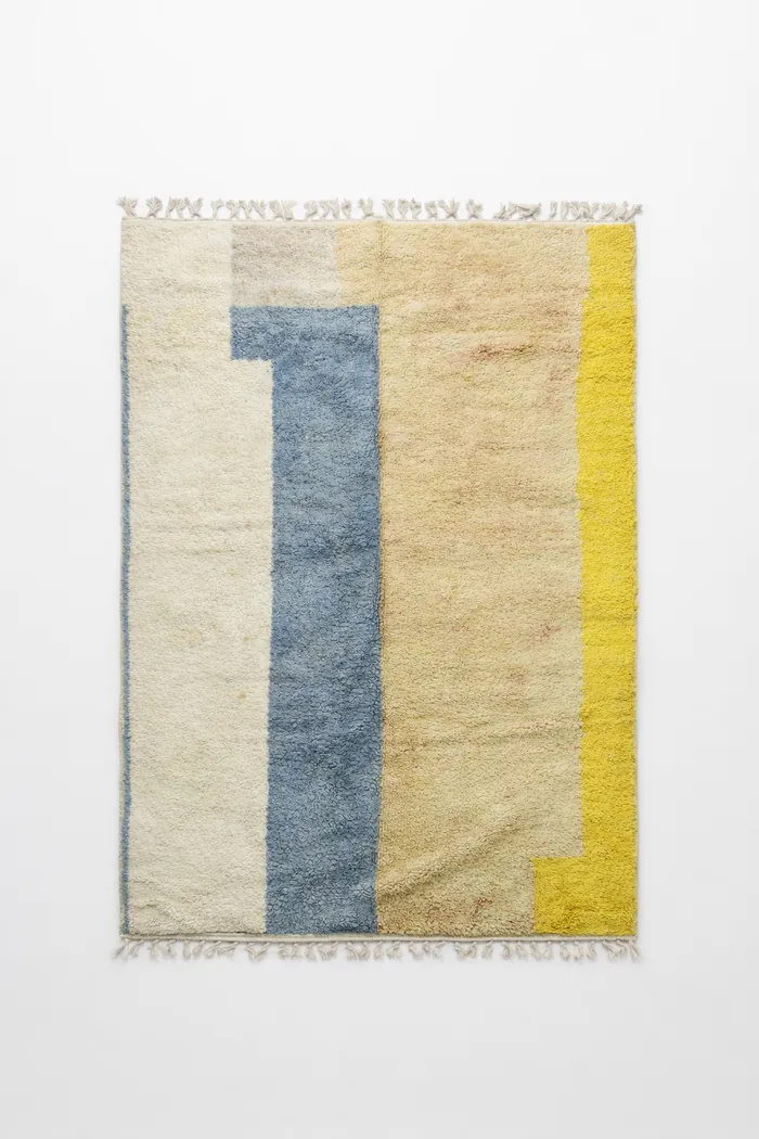 Colour-Block Kilim, Blue & Yellow - Bold flatwoven panels in blue and yellow.