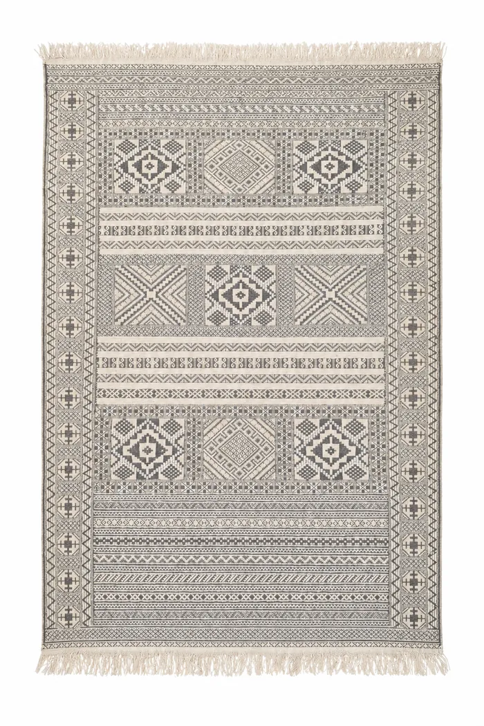 Fine Tribal Band Kilim, Grey - An intricate banded flatweave in grey and cream.