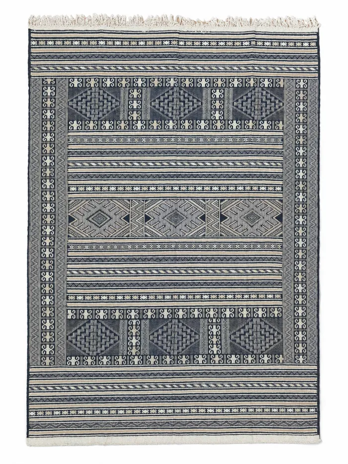 Tribal Band Kilim, Navy - A banded tribal pattern, flatwoven in navy and cream.